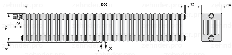 Схема (чертеж) Радиатор Zehnder Charleston 6030/36 №V007 Белый глянцевый RAL 9016